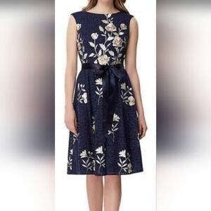Navy Floral Fit & Flare Dress with Satin Waist Tie Embroidered Lace 12 PETITE